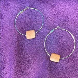 Silver Hoop Earrings with wood Square Accent